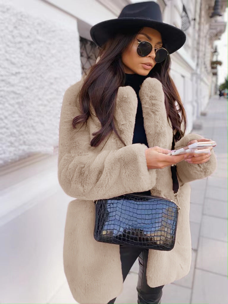 European and American Temperament Commuter Long Sleeve Lapel Faux Fur Jacket Solid Color Warm plus size Coat Women's Fur Fur Women's Clothing