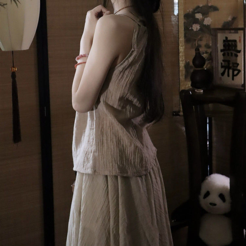 Zen Style Coat Neck Hanging Strap Elegant Skirt Cotton Linen Zen Clothing Women's Cool Tea Clothing Hanfu