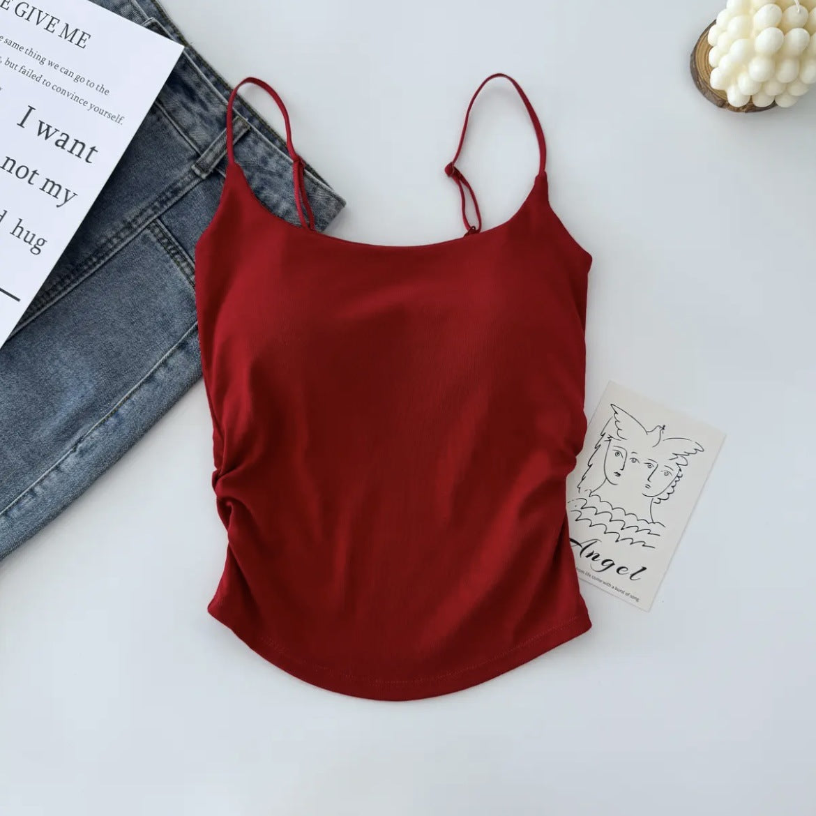New Style Pure Sweet and Spicy Design Pleated Camisole Women's Belt Chest Pad Inner Wearing Outer Wearing Slim-fit Beautiful Back Summer Clothes