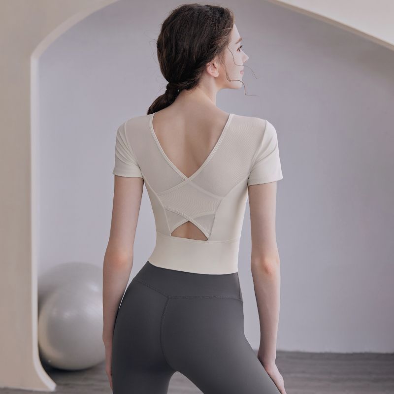Yoga Clothing with Chest Mat T-shirt Female Girls' Fitness Clothing Pilates Training T-sleeve Sports New Short-sleeve Top