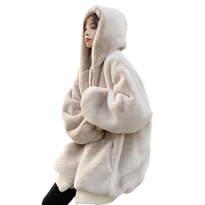 2025 Winter New Zipper Imitation Rabbit Fur Hooded Coat Loose Korean Style Plush Fur Coat Women's Mid-length
