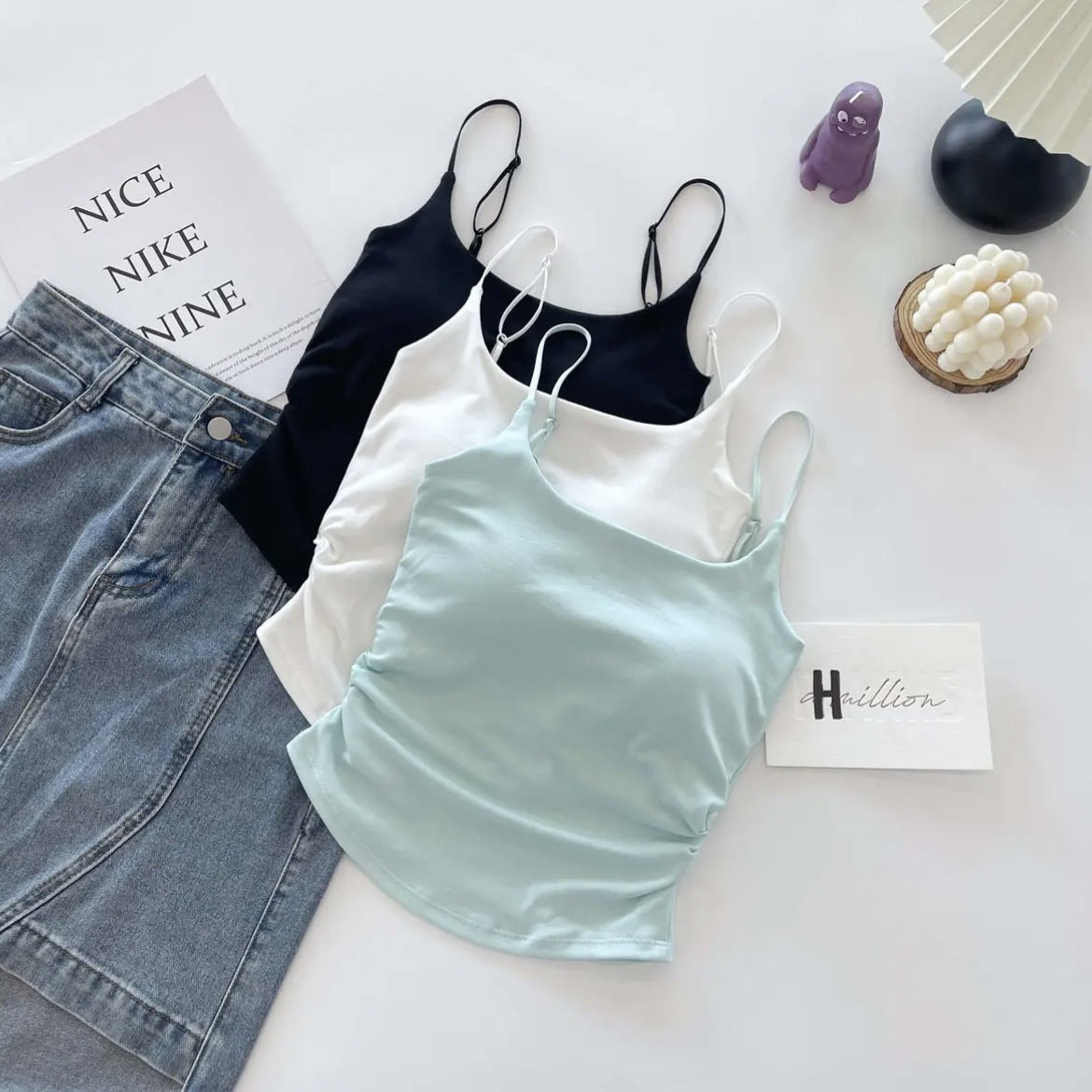 New Style Pure Sweet and Spicy Design Pleated Camisole Women's Belt Chest Pad Inner Wearing Outer Wearing Slim-fit Beautiful Back Summer Clothes