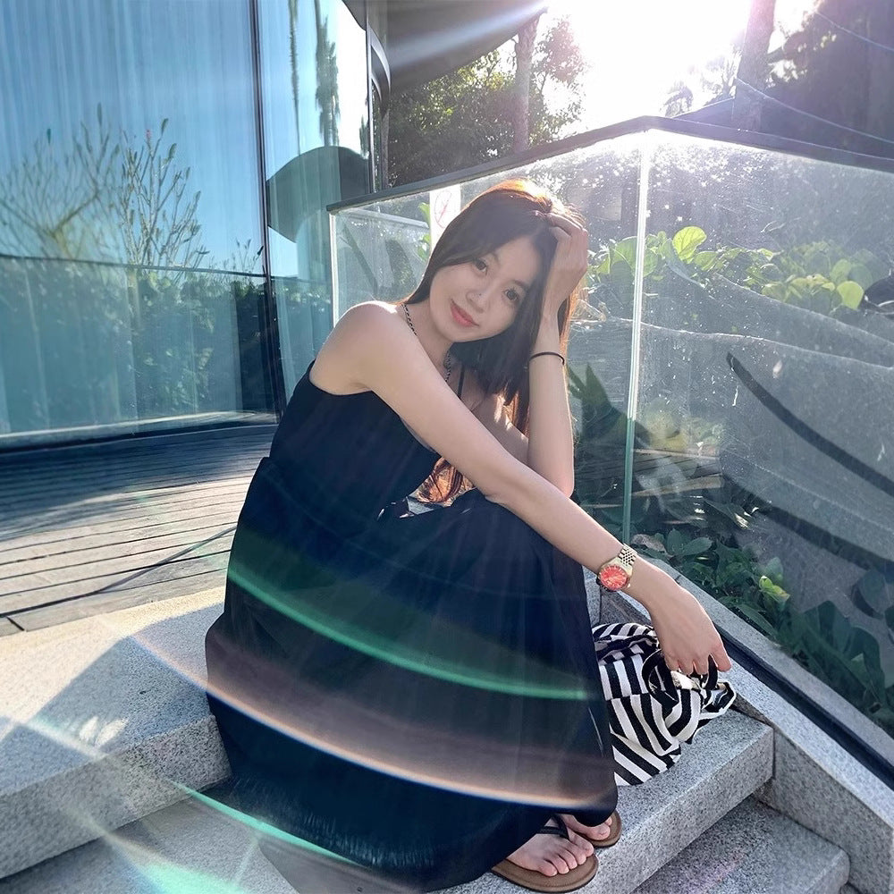 Korean Style Gentle White Tight Waist Sling dress Holiday Style Sweet Wear Slimming Elegant Long Skirt
