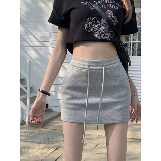 Drawstring sports short skirt women's summer new casual sports half culottes high waist all match package hip skirt A line half skirt