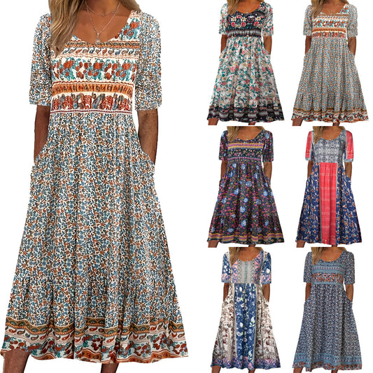 2024 European and American Amazon Summer New Women's Round Neck Short Sleeve Dress Bohemian Printed Dress for Women