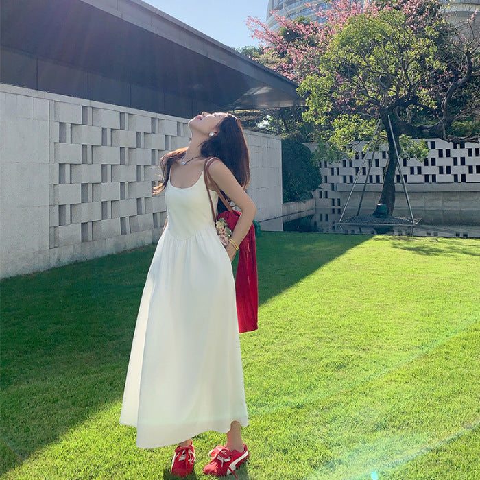 Korean Style Gentle White Tight Waist Sling dress Holiday Style Sweet Wear Slimming Elegant Long Skirt