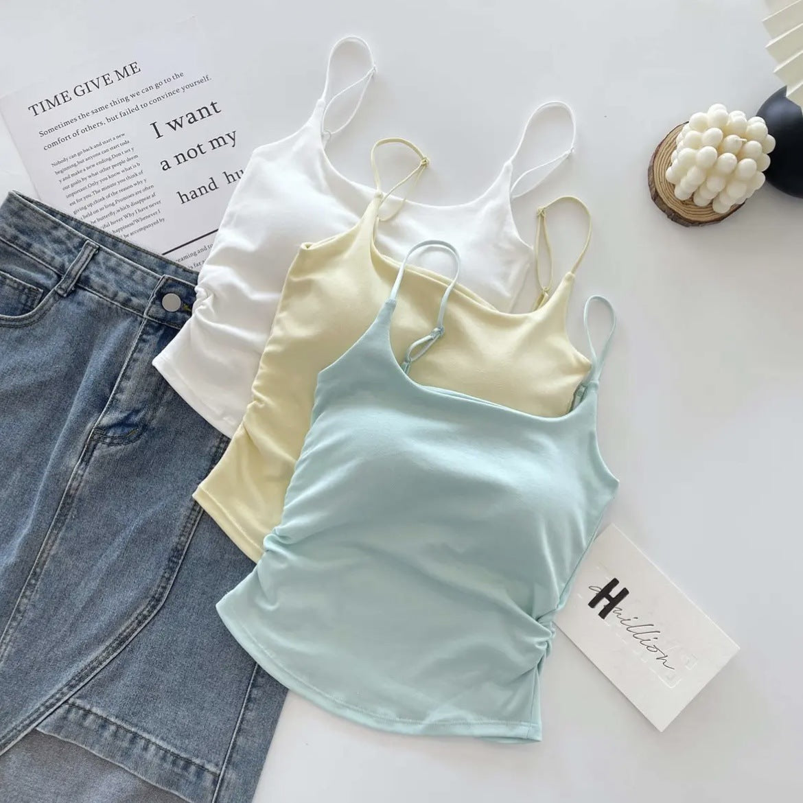 New Style Pure Sweet and Spicy Design Pleated Camisole Women's Belt Chest Pad Inner Wearing Outer Wearing Slim-fit Beautiful Back Summer Clothes