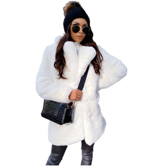 European and American Temperament Commuter Long Sleeve Lapel Faux Fur Jacket Solid Color Warm plus size Coat Women's Fur Fur Women's Clothing
