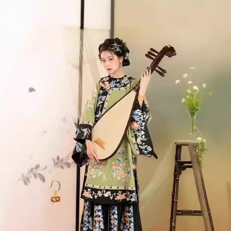 Quanzhou Xunpu Hairpin Flower Qing Han Women's Clothing Gege Han Clothing Qing Dynasty Manchu Qing Flag Yellow Printed Skirt Photo Portrait