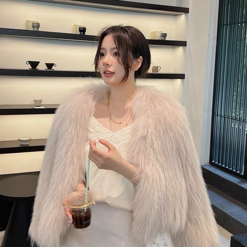 Real Hair White Raccoon Hair Double-sided Woven Encryption Thickened Autumn and Winter New Temperament Anti-season Explosions Western Style Clothes Length 50 Gas