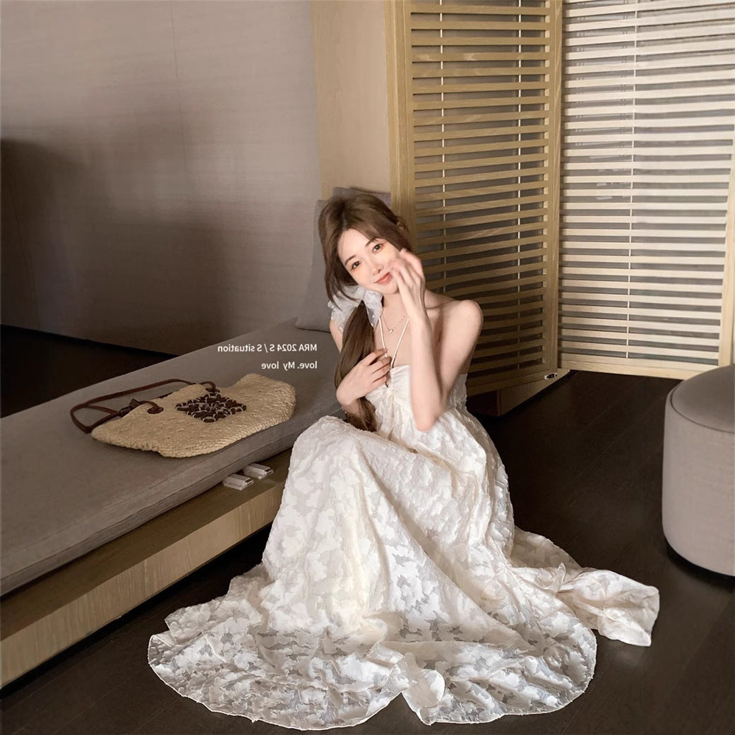 French Style Neck dress Women's Summer Seaside Vacation Backless Long Dress Super Fairy Elegant Loose A- line Skirt