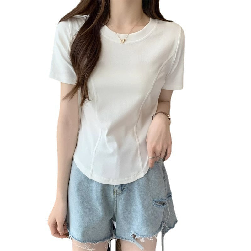 Summer New Slim-fit Short-sleeved T-shirt Women's Design Sense Short Pure Irregular Hem Curved Top