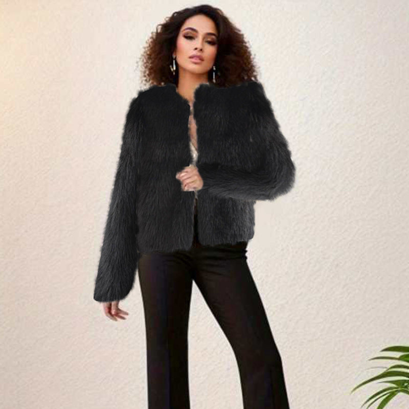 2025 New Autumn and Winter Drag Crewneck Short Jacket Faux Fur Jacket Women's Fashionable Elegant Solid Color Street Casual