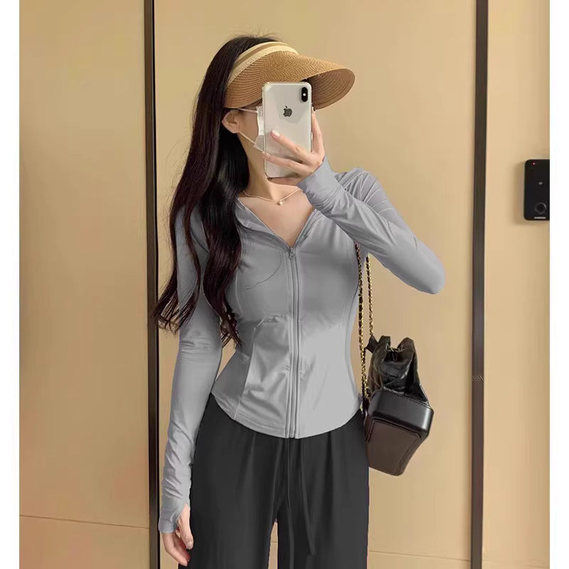 Ice Silk Sun Protection Clothing Cardigan Women's Summer Slim Yoga Wear Hooded Jacket Tight Top 2025 New Waist Span